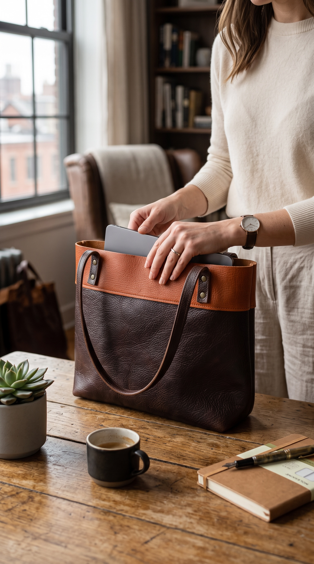 Full Grain Leather Little Lincoln Two Tone Tote Bag Dog