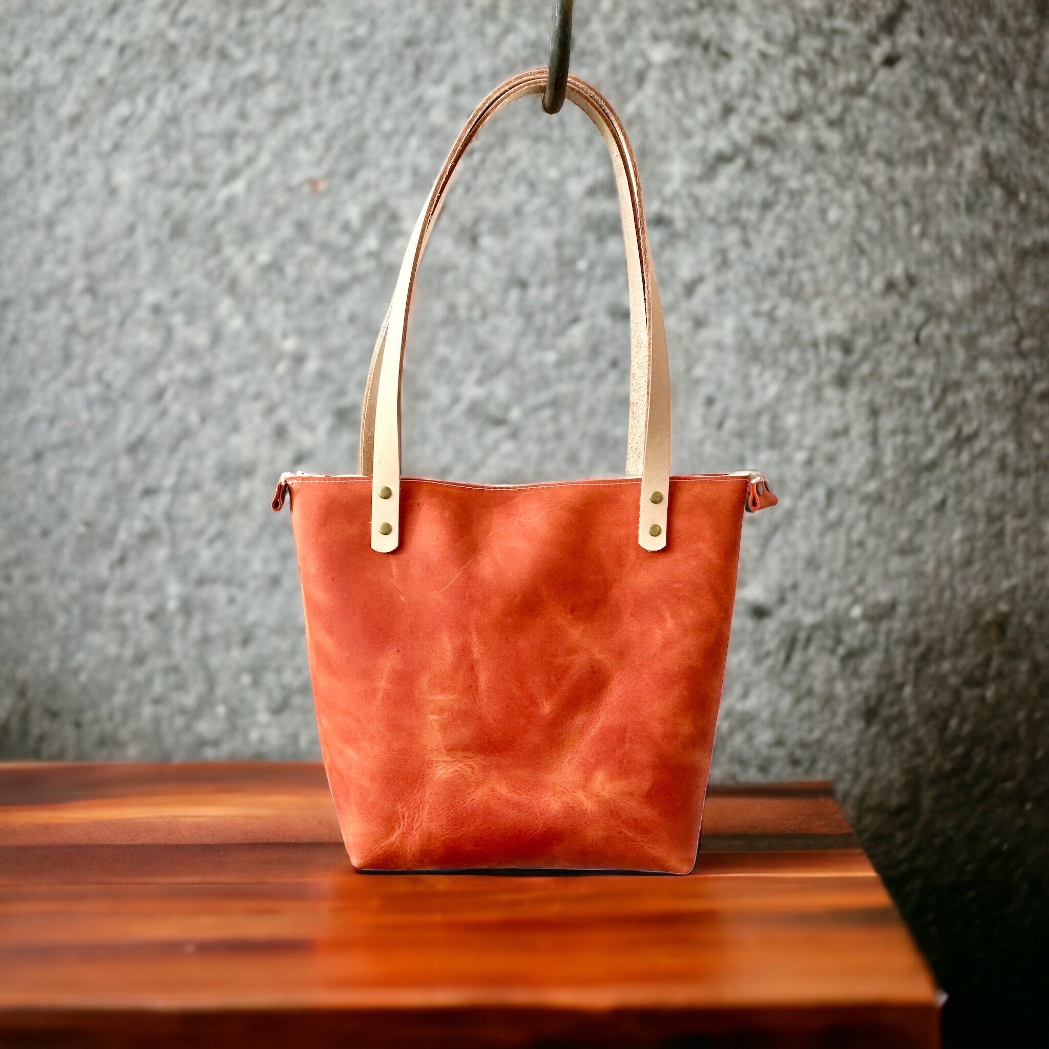 Full Grain Real Leather Zipper Rust Orange Leather Tote Bags-Small-Medium-Large-Extra Large