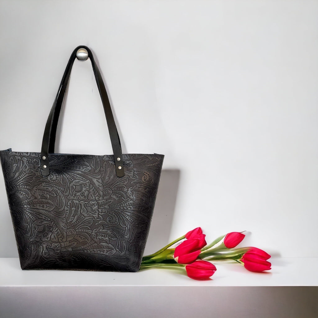 Full Grain Real Leather Authentic Embossed Black Leather Classic Tote Bags-Small-Medium-Large-Extra Large