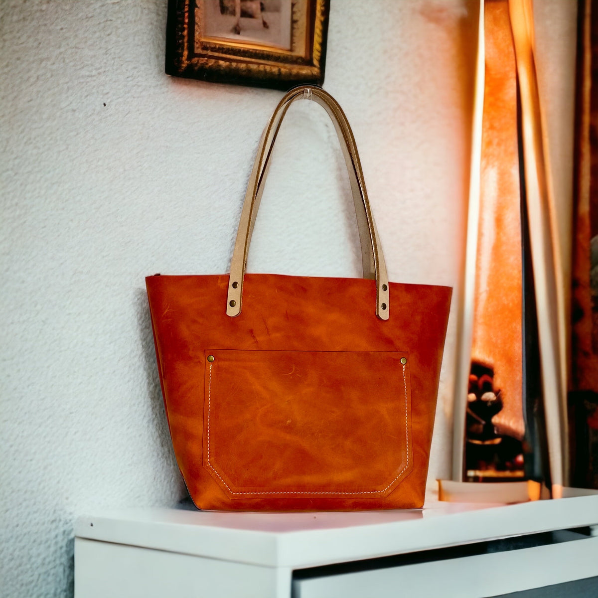 Full Grain Real Leather Authentic Rust Orange Leather Classic Tote Bags-Small-Medium-Large-Extra Large