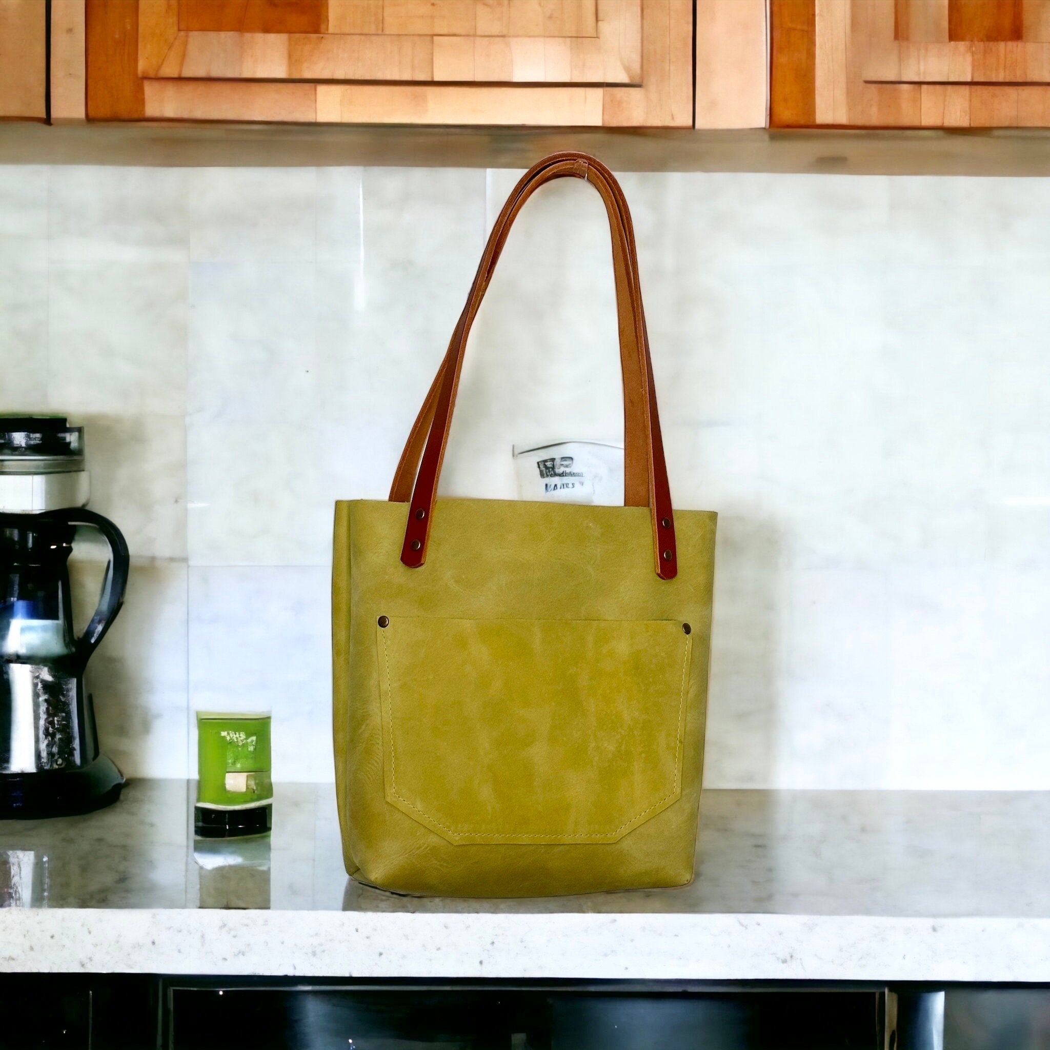 Full Grain Authentic Real Leather Peridot Green Leather Classic Tote Bags-Small-Medium-Large-Extra Large