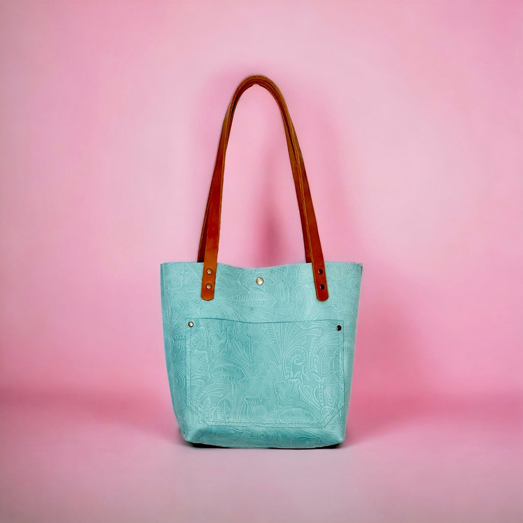Full Grain Real Leather Authentic Embossed Aqua Leather Classic Tote Bags-Small-Medium-Large-Extra Large
