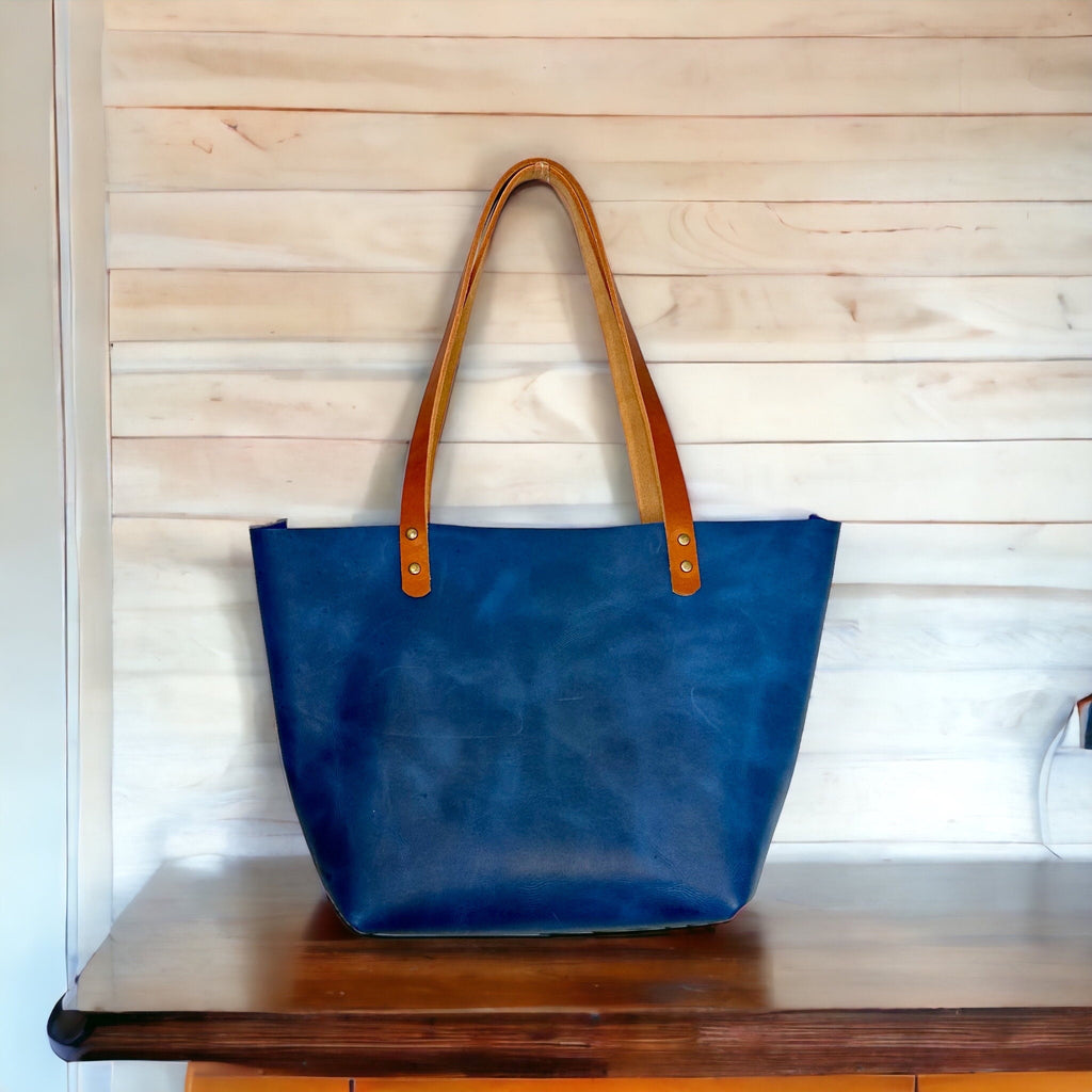 Full Grain Real Leather Authentic Cross-Body Magnetic Blue Leather Classic Tote Bags-Small-Medium-Large-Extra Large