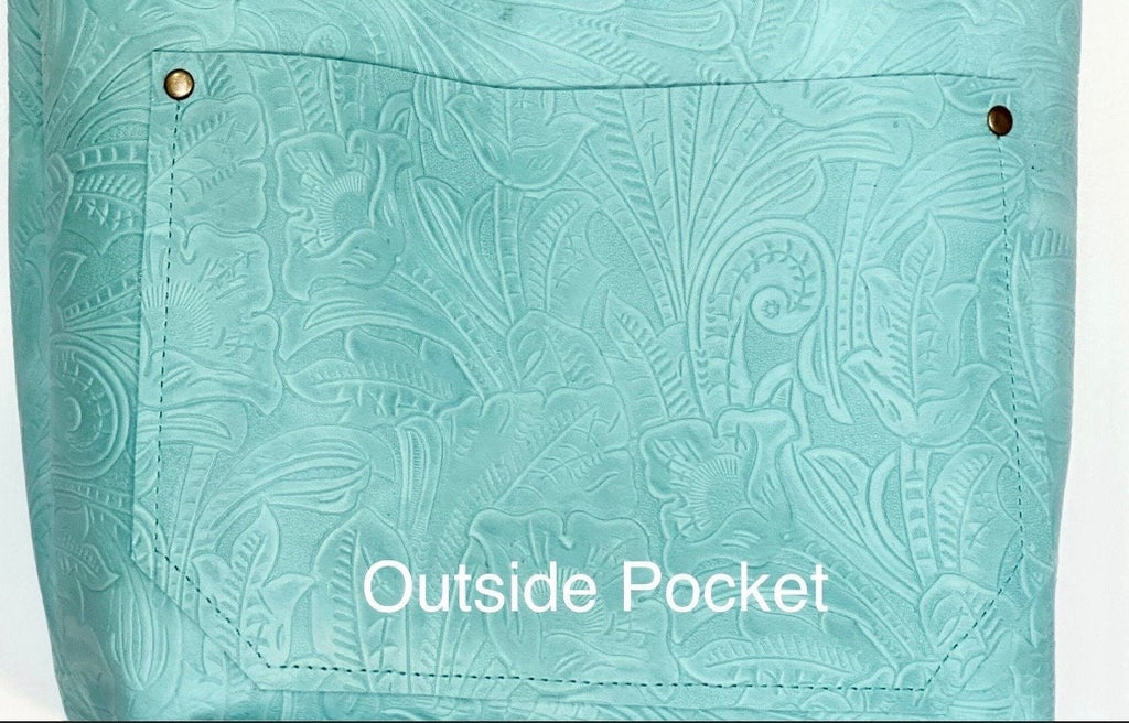 Full Grain Real Leather Zipper Embossed Aqua Leather Tote Bags-Small-Medium-Large-Extra Large