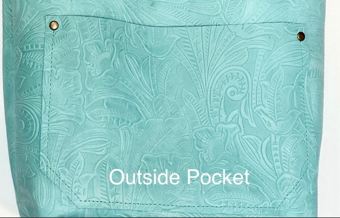 Full Grain Real Leather Zipper Embossed Aqua Leather Tote Bags-Small-Medium-Large-Extra Large