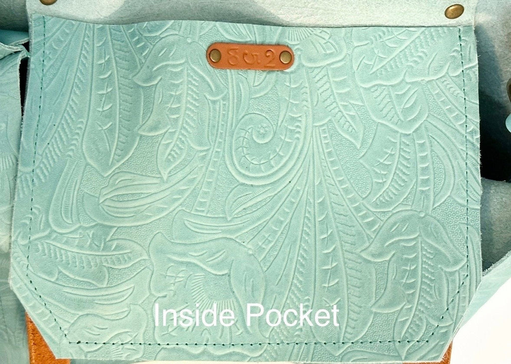 Full Grain Real Leather Zipper Embossed Aqua Leather Tote Bags-Small-Medium-Large-Extra Large
