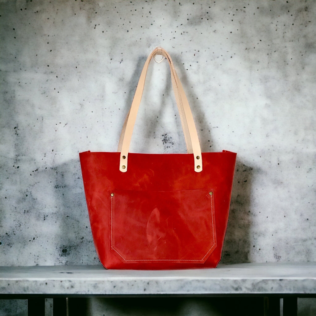 Full Grain Real Leather Authentic Magnetic Red Orange Leather Classic Tote Bags-Small-Medium-Large-Extra Large