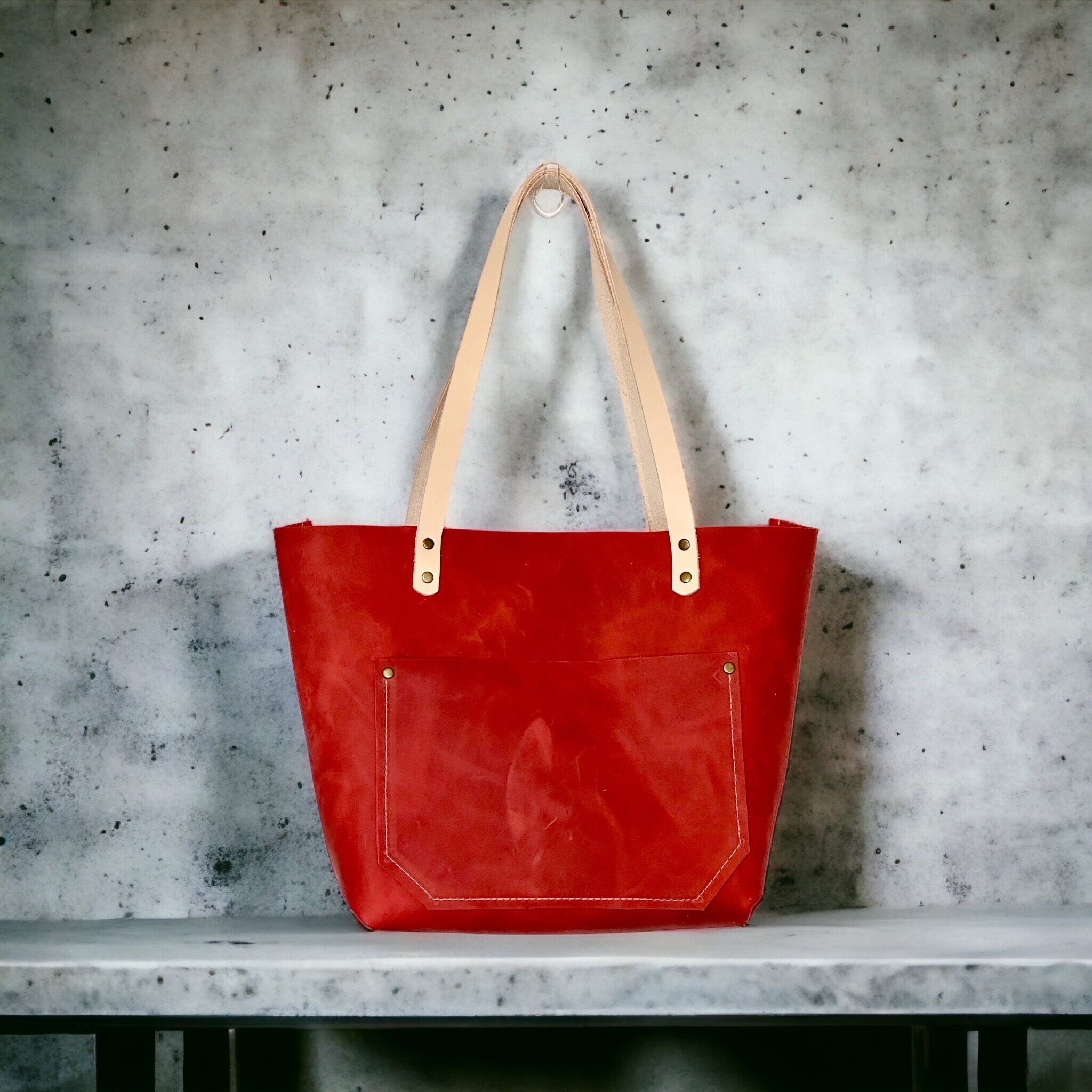 Full Grain Real Leather Authentic Magnetic Red Orange Leather Classic Tote Bags-Small-Medium-Large-Extra Large