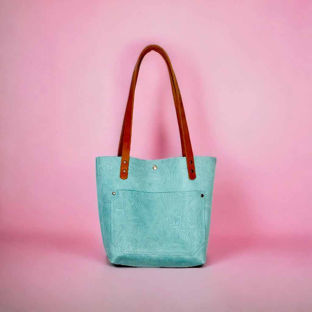Full Grain Real Leather Zipper Embossed Aqua Leather Tote Bags-Small-Medium-Large-Extra Large