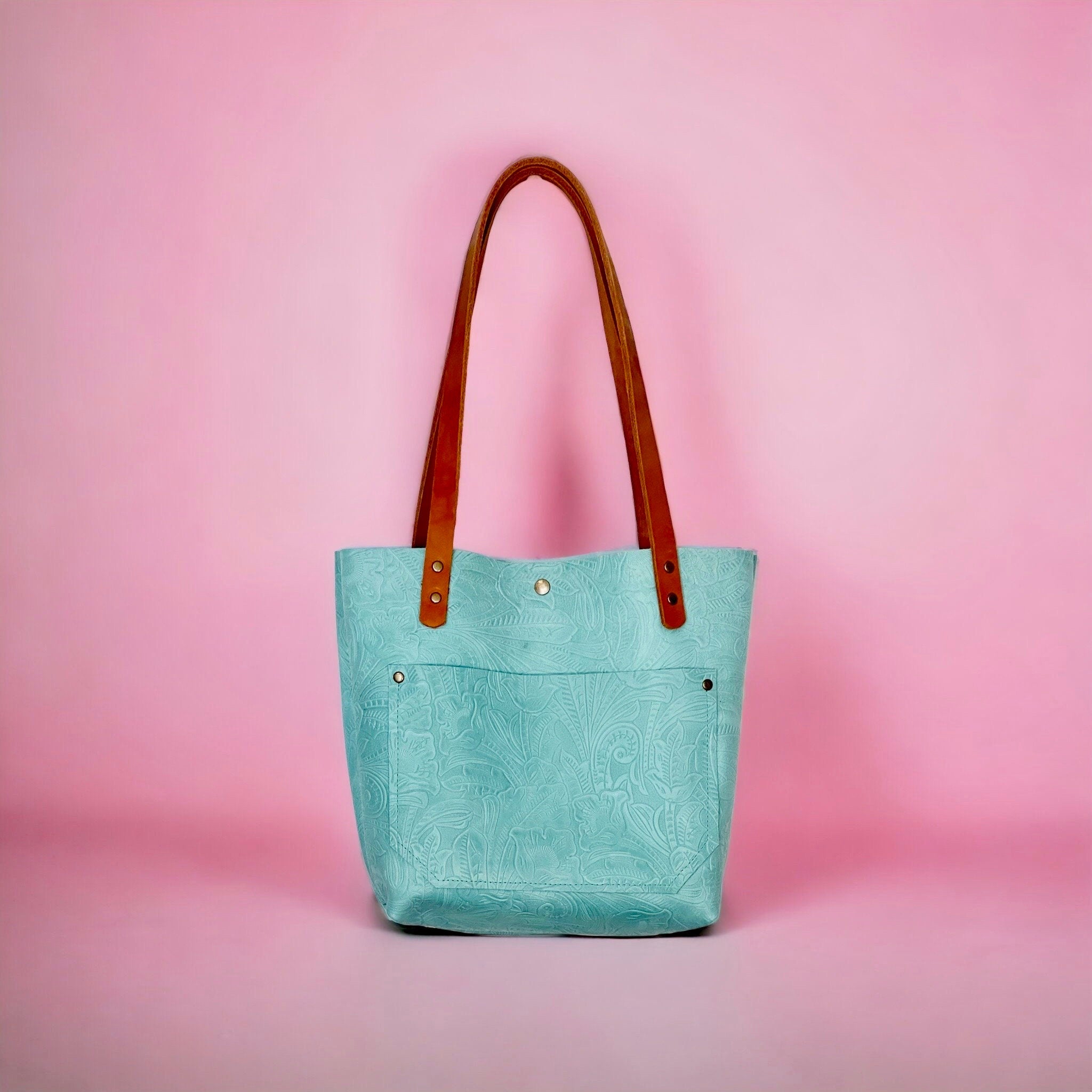 Full Grain Real Leather Zipper Embossed Aqua Leather Tote Bags-Small-Medium-Large-Extra Large