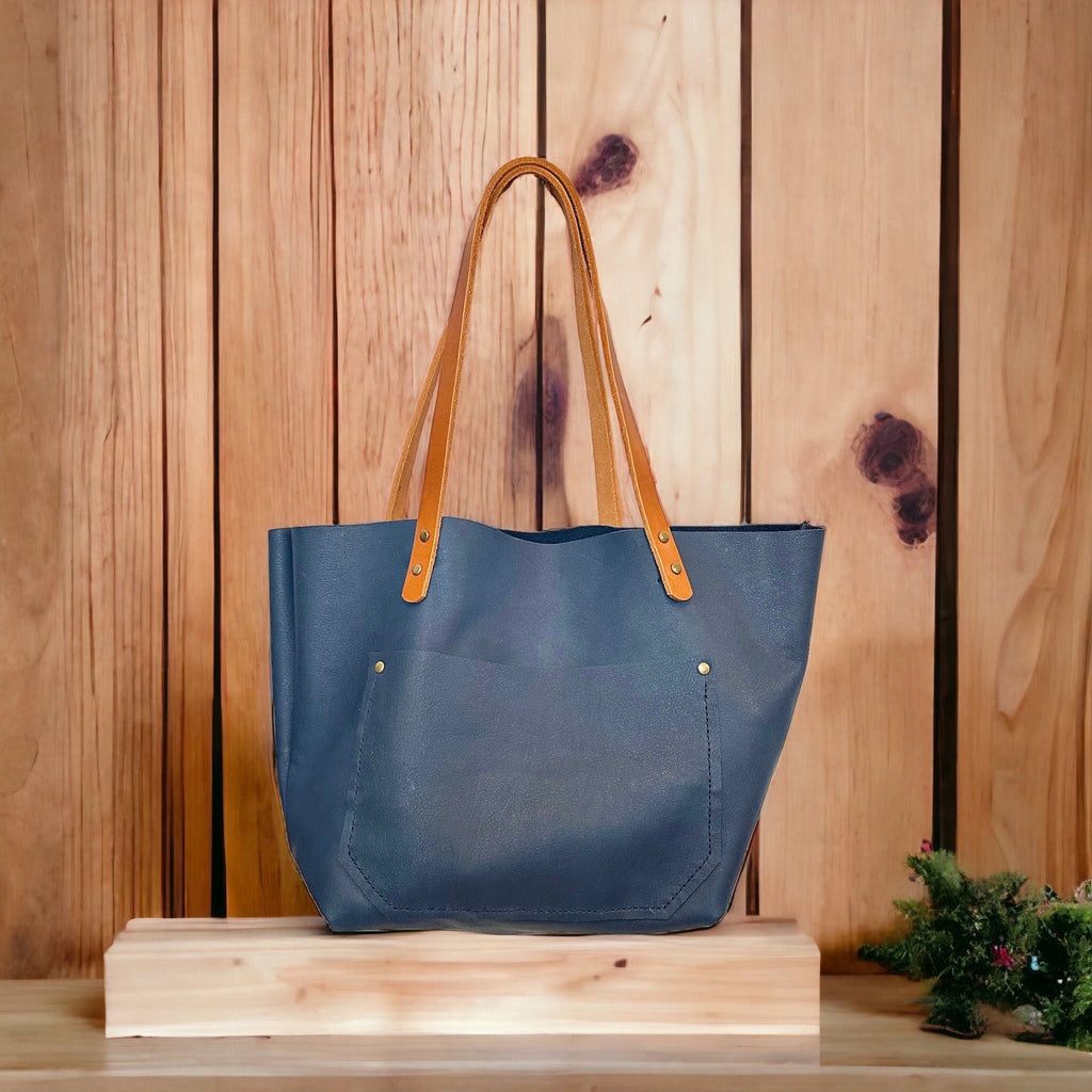 Full Grain Real Leather Zipper Pebbled Navy Leather Tote Bags-Small-Medium-Large-Extra Large