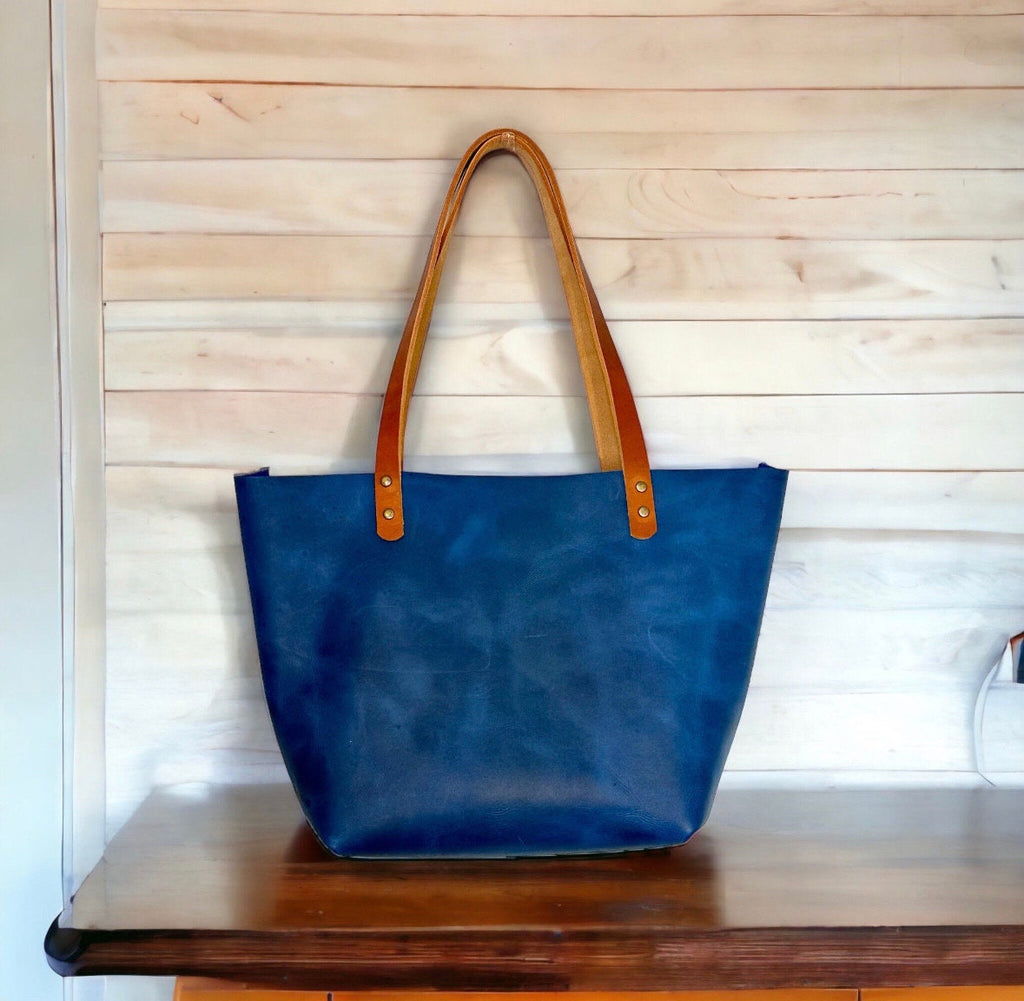 Full Grain Real Leather Zipper Magnetic Blue Leather Tote Bags-Small-Medium-Large-Extra Large