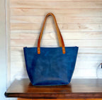 Full Grain Real Leather Zipper Magnetic Blue Leather Tote Bags-Small-Medium-Large-Extra Large