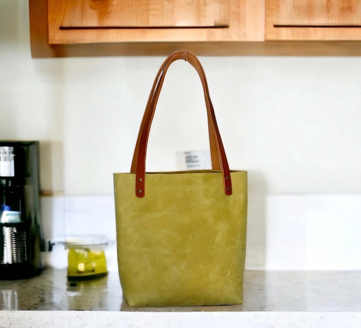 Full Grain Real Leather Authentic Zipper Peridot Green Leather Tote Bags-Small-Medium-Large-Extra Large