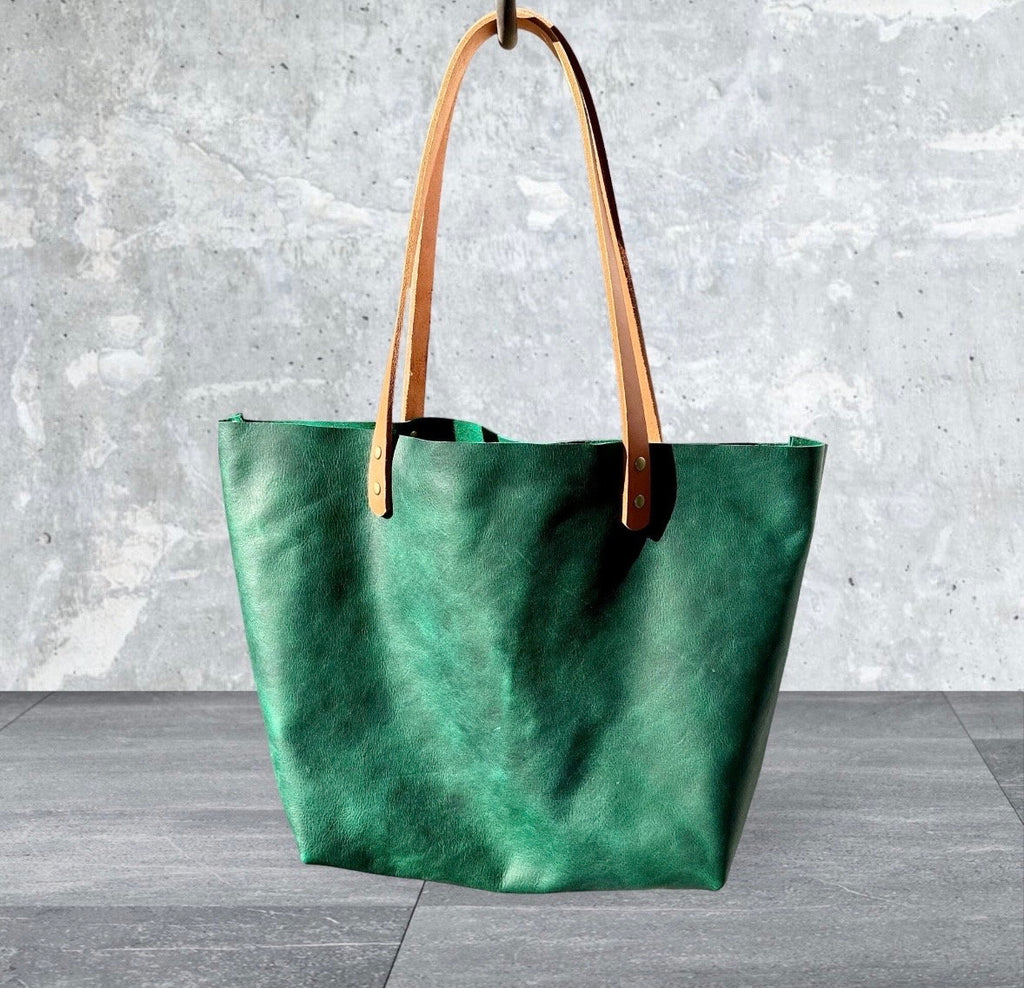 Full Grain Real Leather Zipper Rushmore Green Leather Tote Bags-Small-Medium-Large-Extra Large