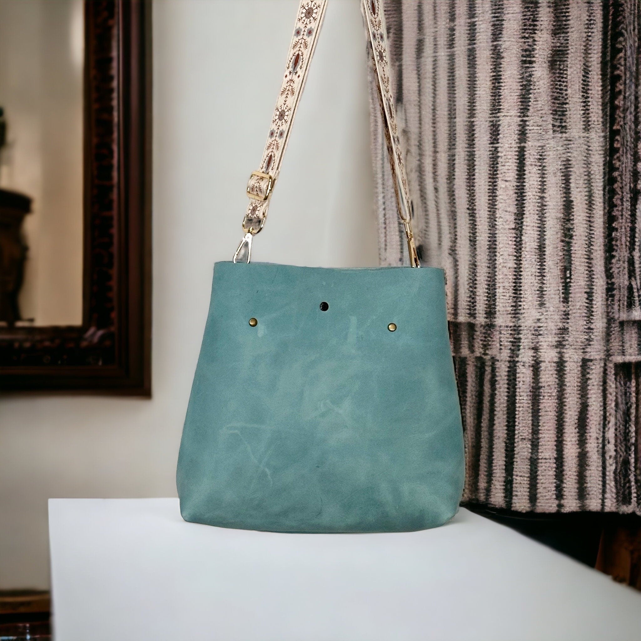 Full Grain Real Leather Authentic Aqua Super Stevie Crossbody or Shoulder Bag Purse