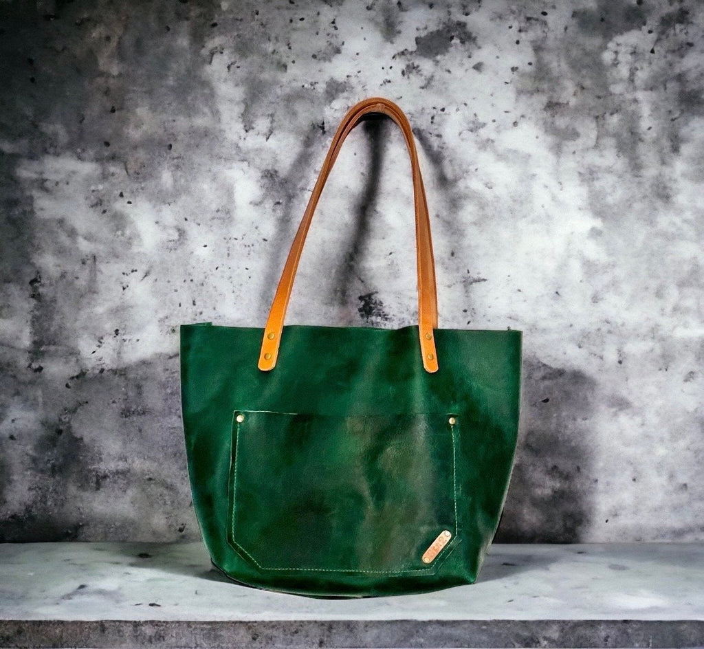 Full Grain Real Leather Zipper Rushmore Green Leather Tote Bags-Small-Medium-Large-Extra Large