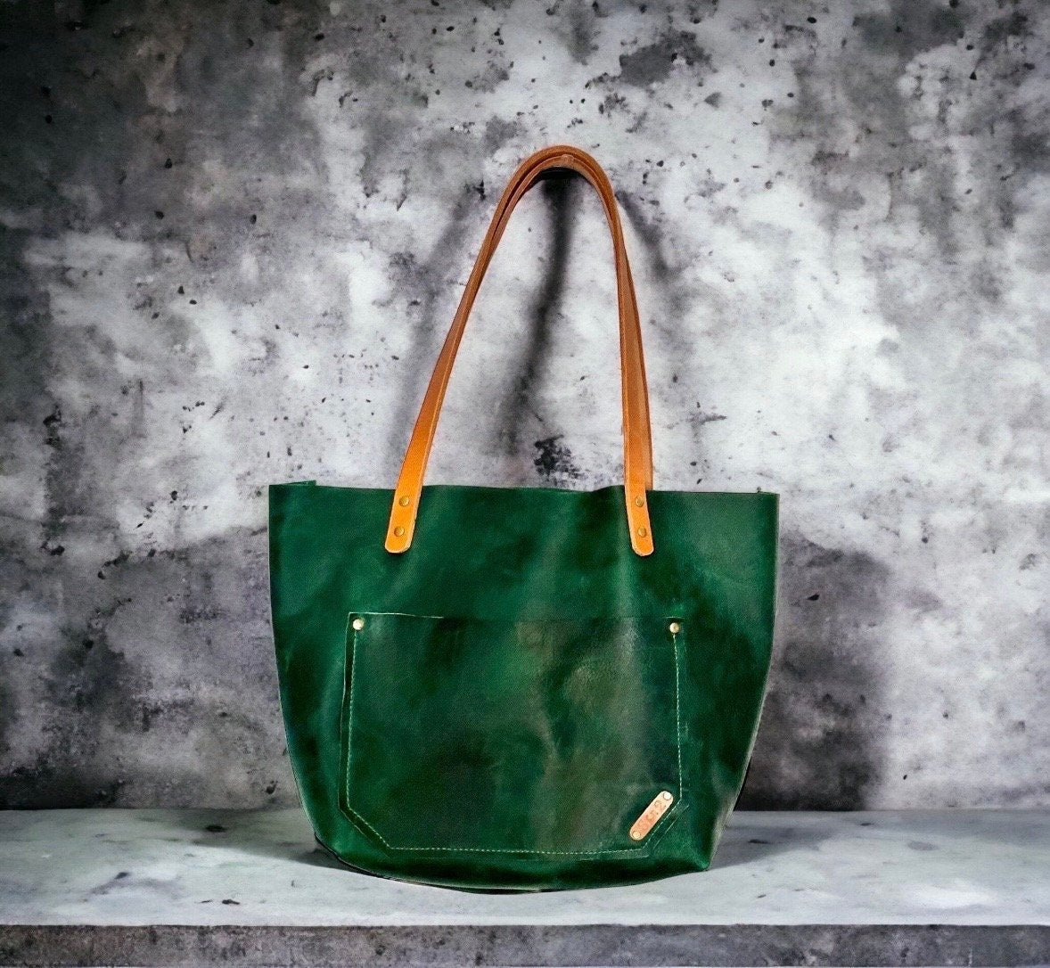 Full Grain Real Leather Zipper Rushmore Green Leather Tote Bags-Small-Medium-Large-Extra Large