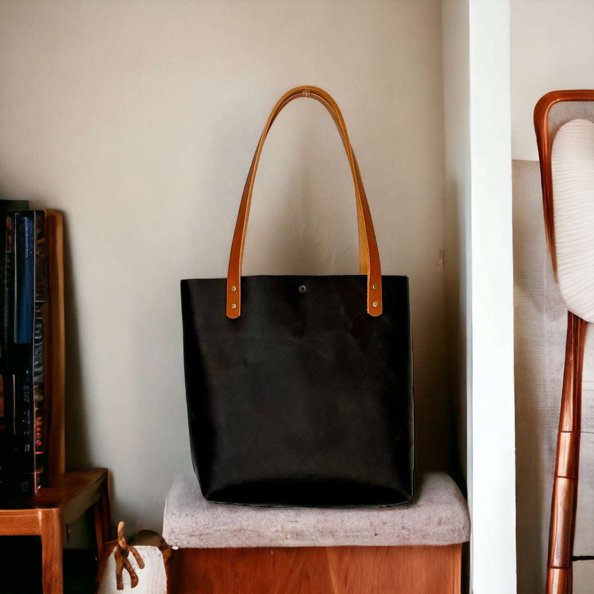Full Grain Authentic Real Leather Black Leather Classic Tote Bags-Small-Medium-Large-Extra Large