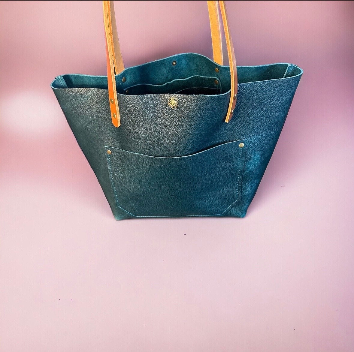 Full Grain Real Leather Cross-Body Dark Teal Leather Classic Tote Bags-Small-Medium-Large-Extra Large