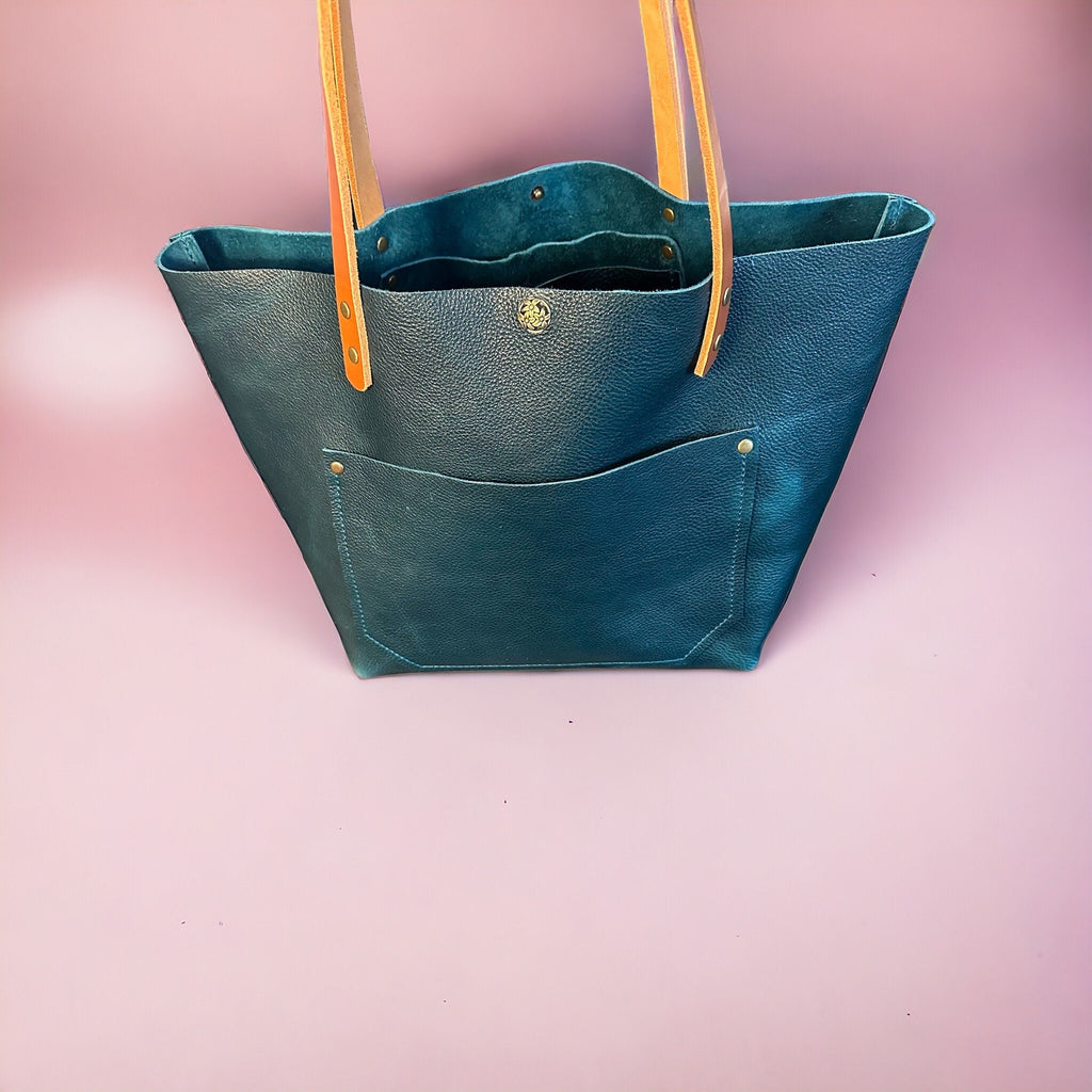 Full Grain Real Leather Dark Teal Leather Classic Tote Bags-Small-Medium-Large-Extra Large