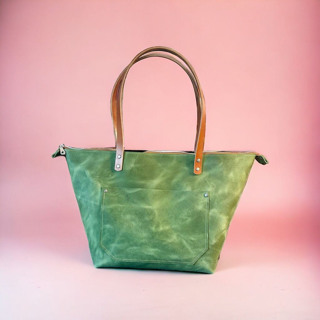 Full Grain Real Leather Zipper Granny Smith Leather Tote Bags-Small-Medium-Large-Extra Large