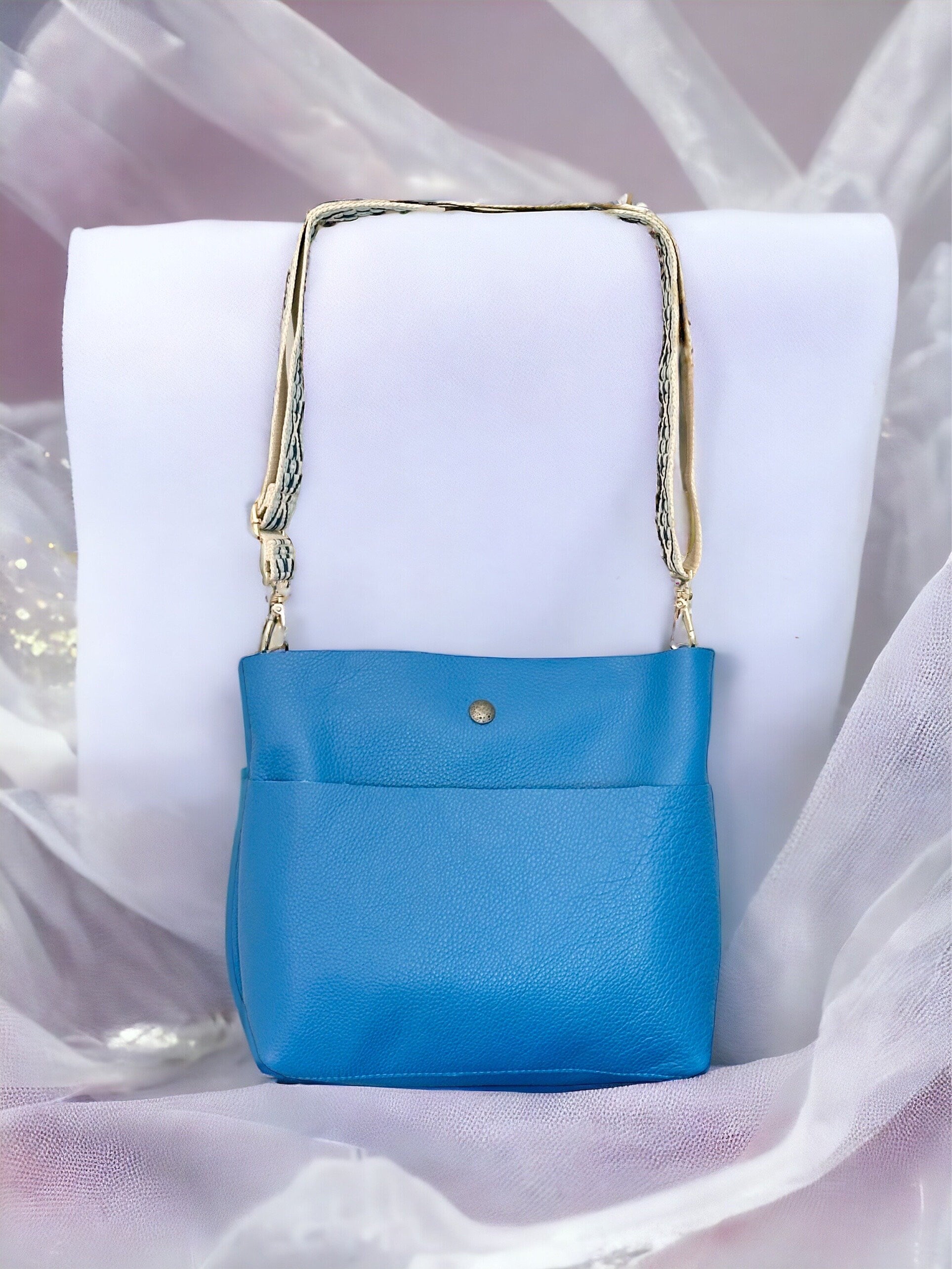Full Grain Real Leather Authentic Pool Blue Super Stevie Crossbody or Shoulder Bag Purse