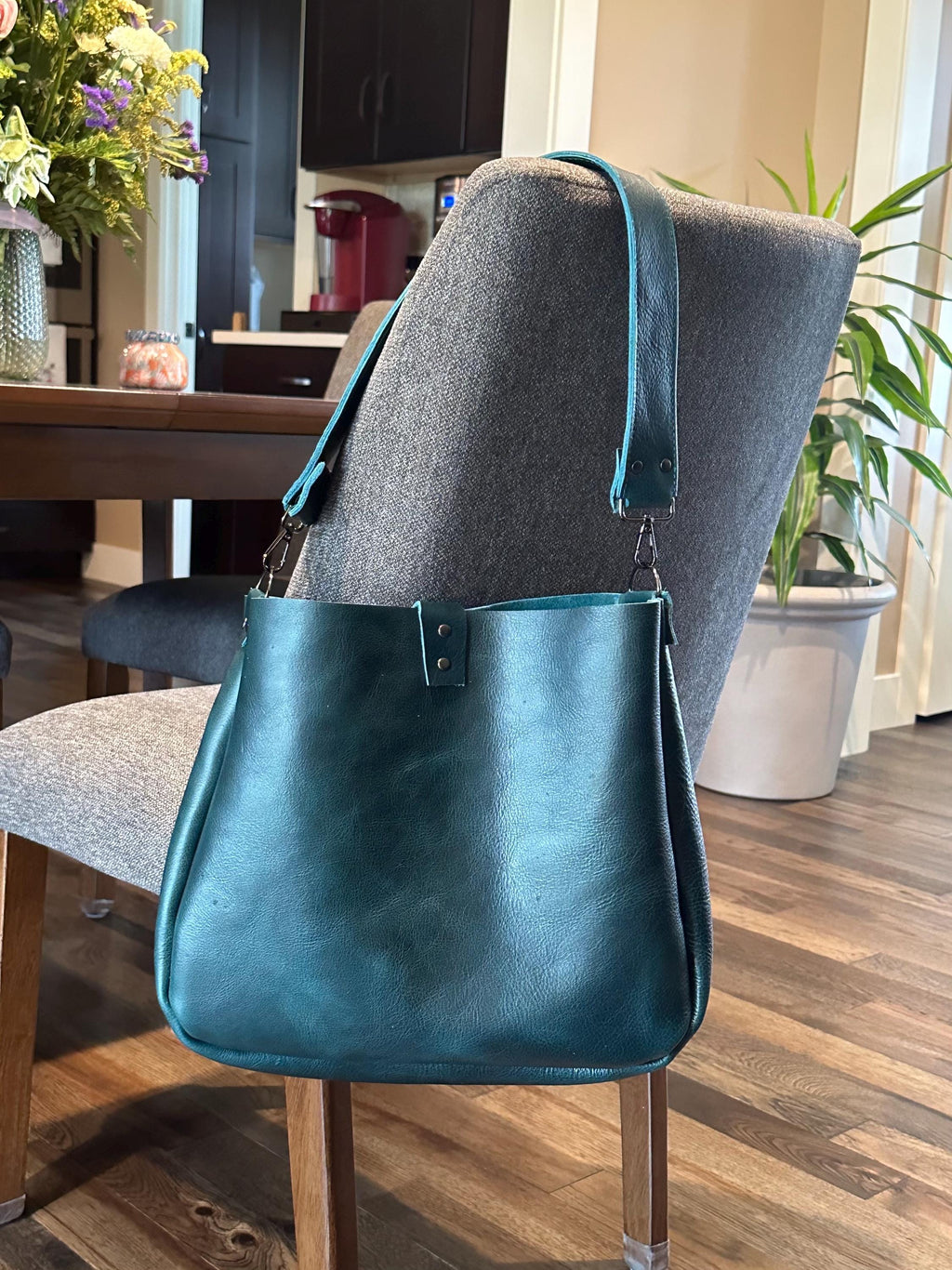 Handcrafted Dark Teal Leather Crossbody Bag – 1975 Boho Style Small