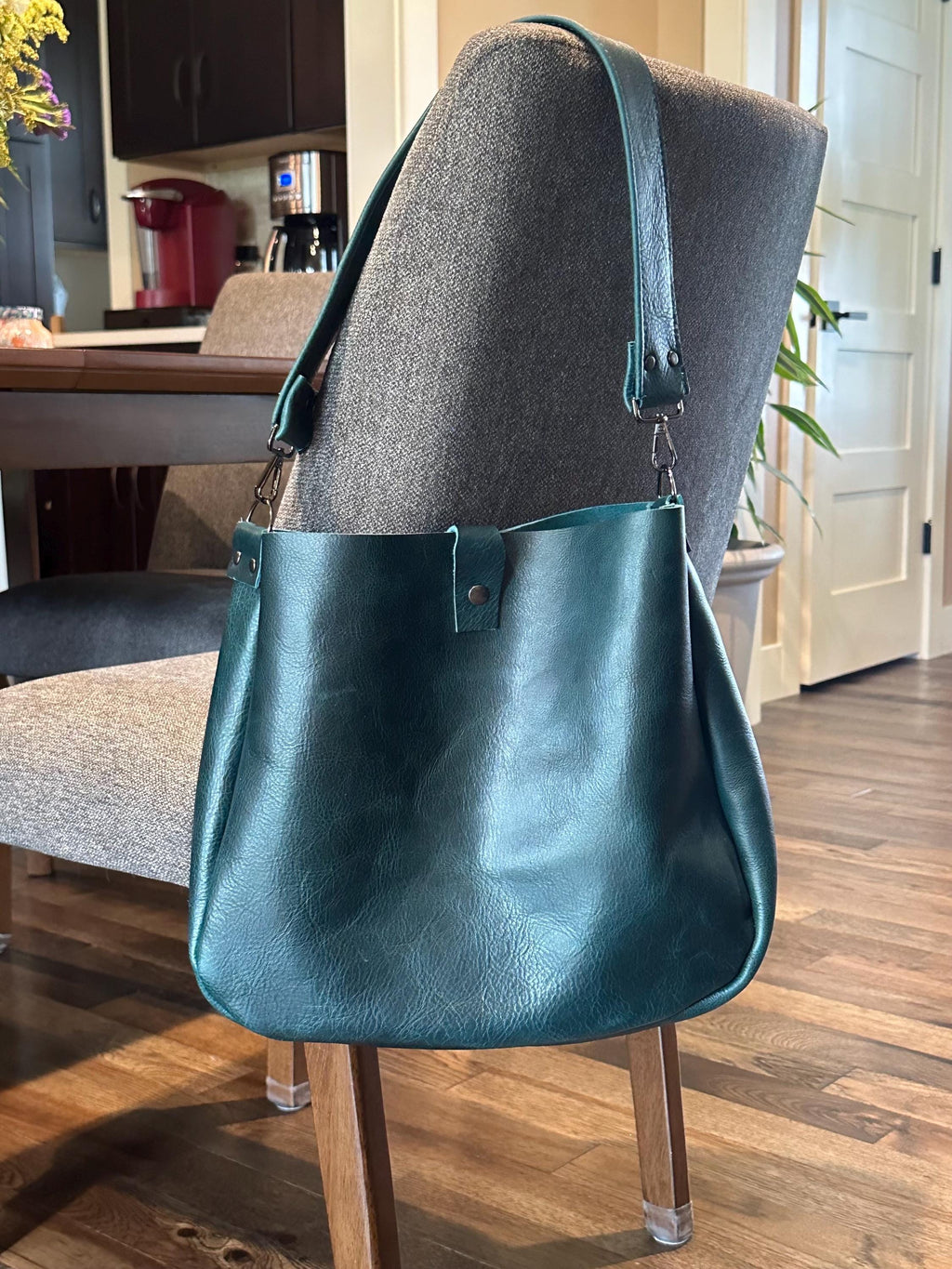 Handcrafted Full Grain Leather Crossbody Bag – Dark Teal Boho Purse Large