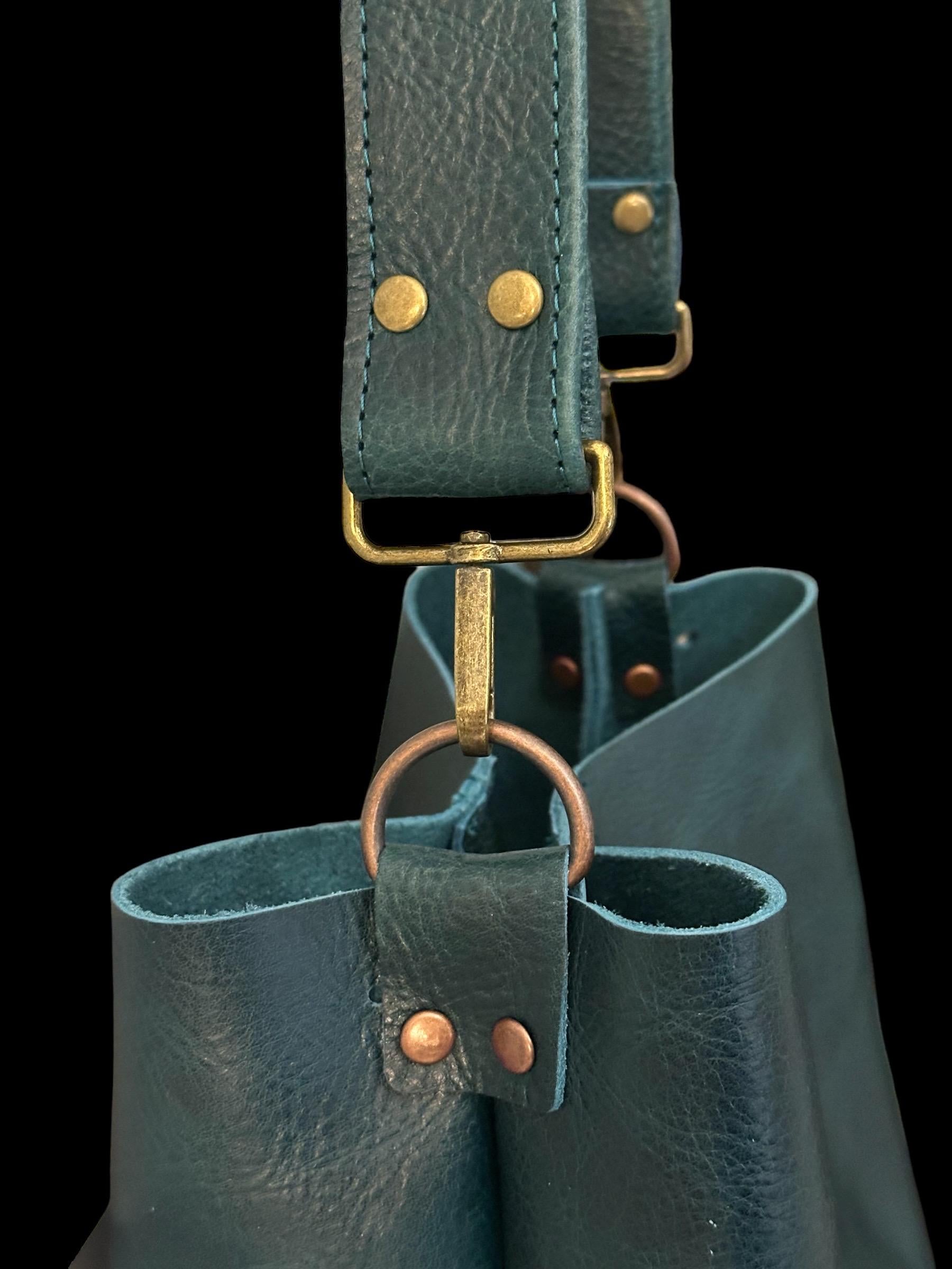 Full Grain Real Leather Dark Teal Bucket Crossbody or Shoulder Bag Purse
