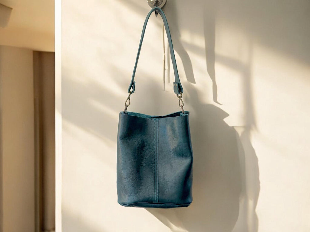Full Grain Real Leather Dark Teal Bucket Crossbody or Shoulder Bag Purse