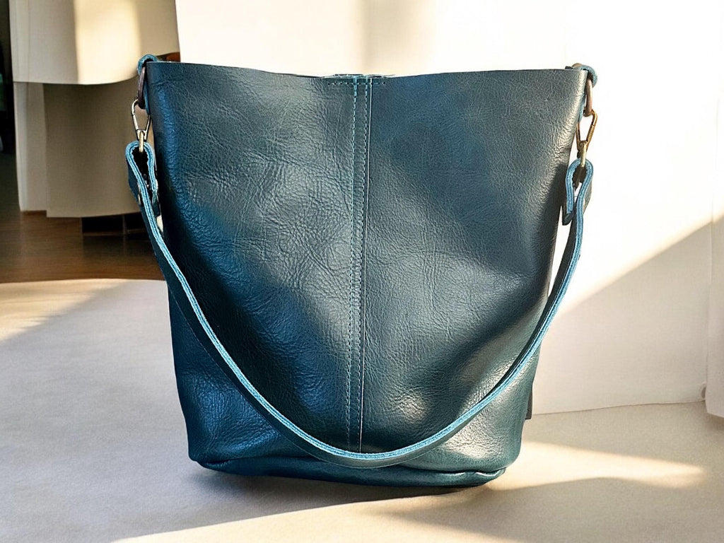 Full Grain Real Leather Dark Teal Bucket Crossbody or Shoulder Bag Purse