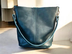 Full Grain Real Leather Dark Teal Bucket Crossbody or Shoulder Bag Purse