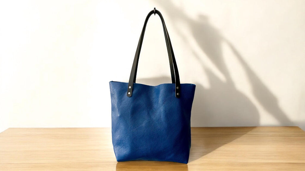 Full Grain Real Leather Authentic Pebbled Blue Leather Classic Tote Bags-Small-Medium-Large-Extra Large