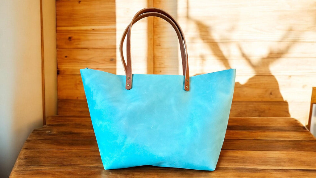 Full Grain Real Leather Authentic Aqua Leather Classic Tote Bags-Small-Medium-Large-Extra Large