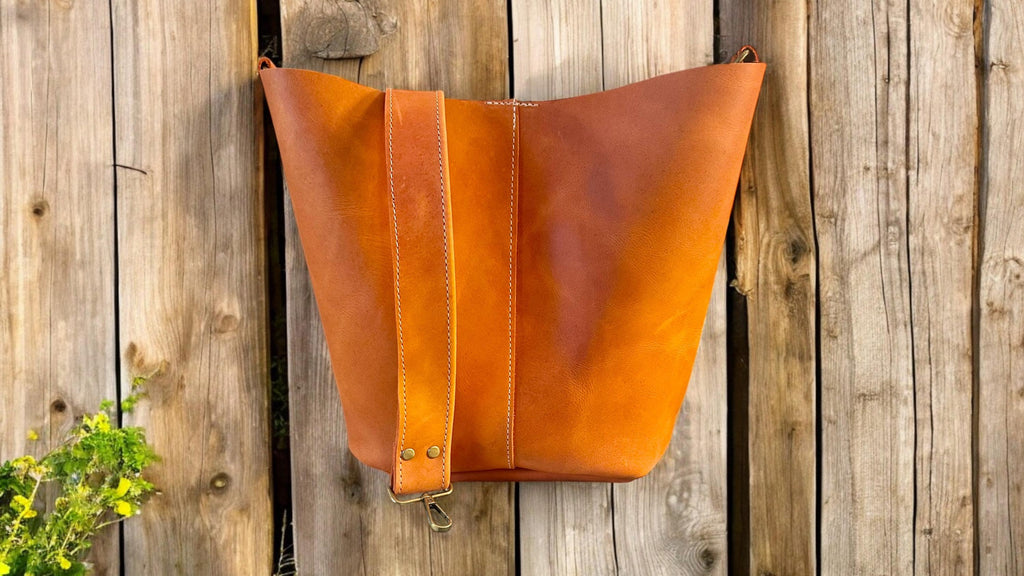 Full Grain Real Leather Orange Rust Bucket Crossbody or Shoulder Bag Purse