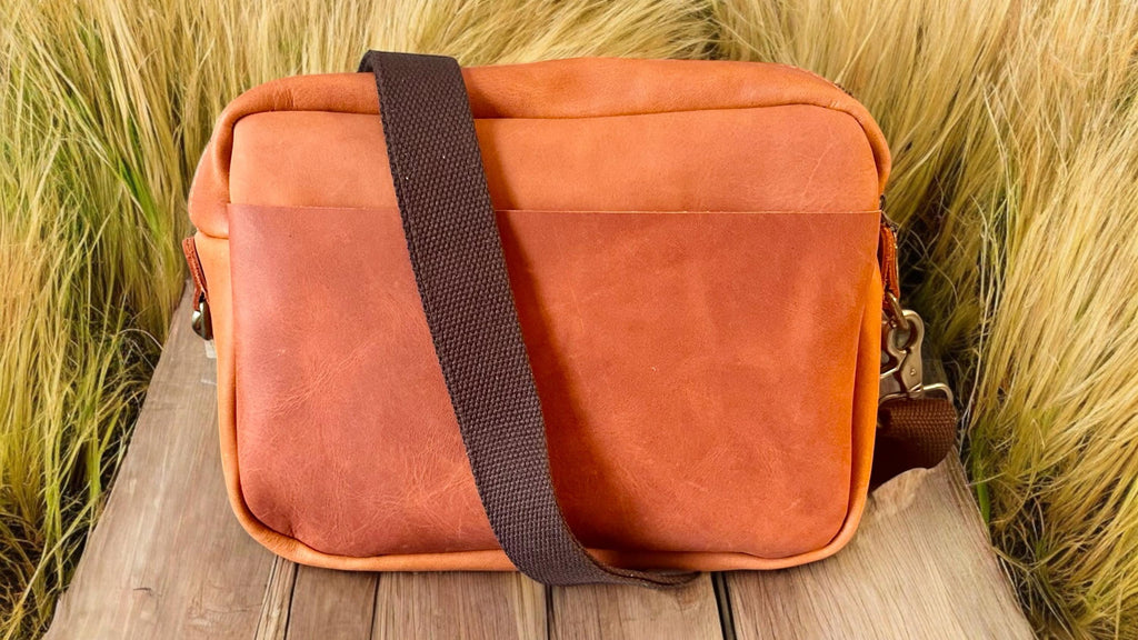 Handcrafted Full Grain Leather Camera Bag - Rust Orange Crossbody Purse