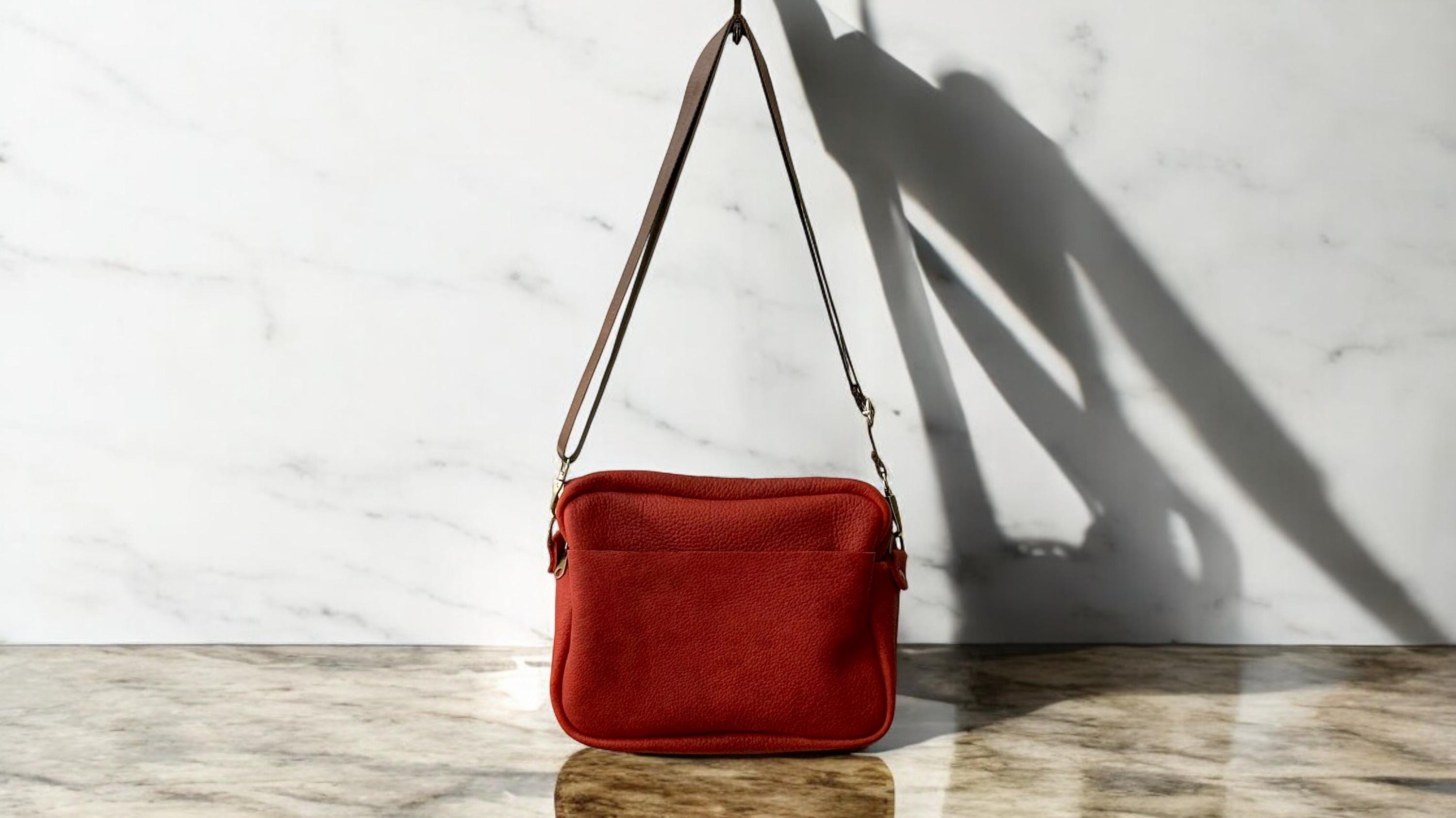 Handcrafted Full Grain Leather Camera Bag - Red Crossbody Purse