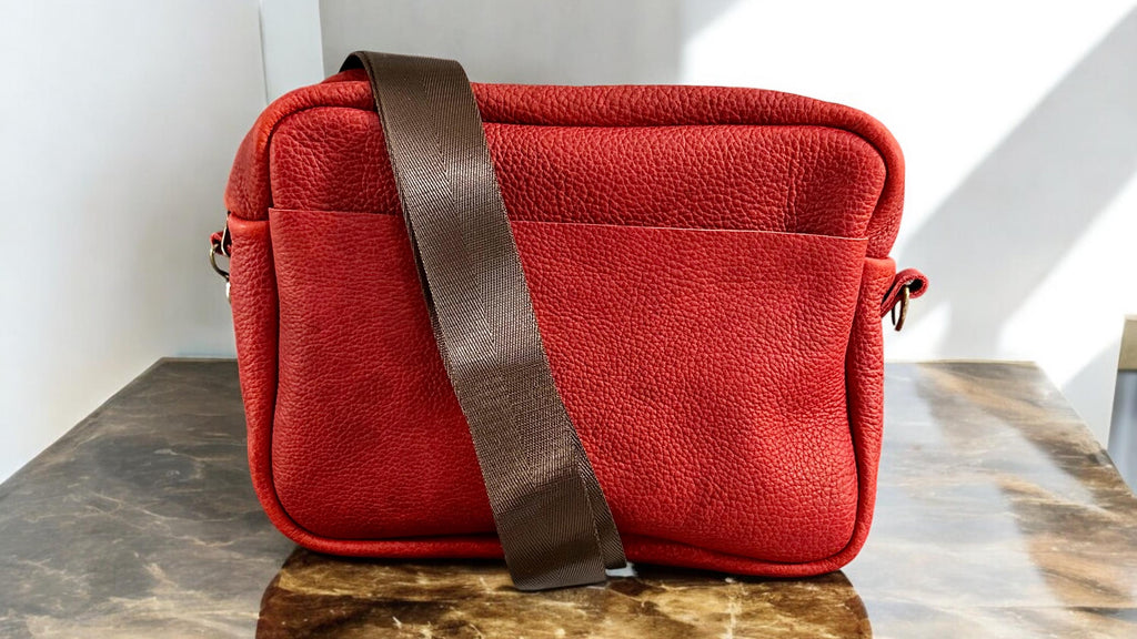 Handcrafted Full Grain Leather Camera Bag - Red Crossbody Purse