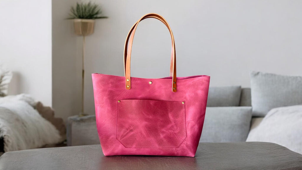 Full Grain Real Leather Zipper Magnetic Pink Leather Tote Bags-Small-Medium-Large-Extra Large