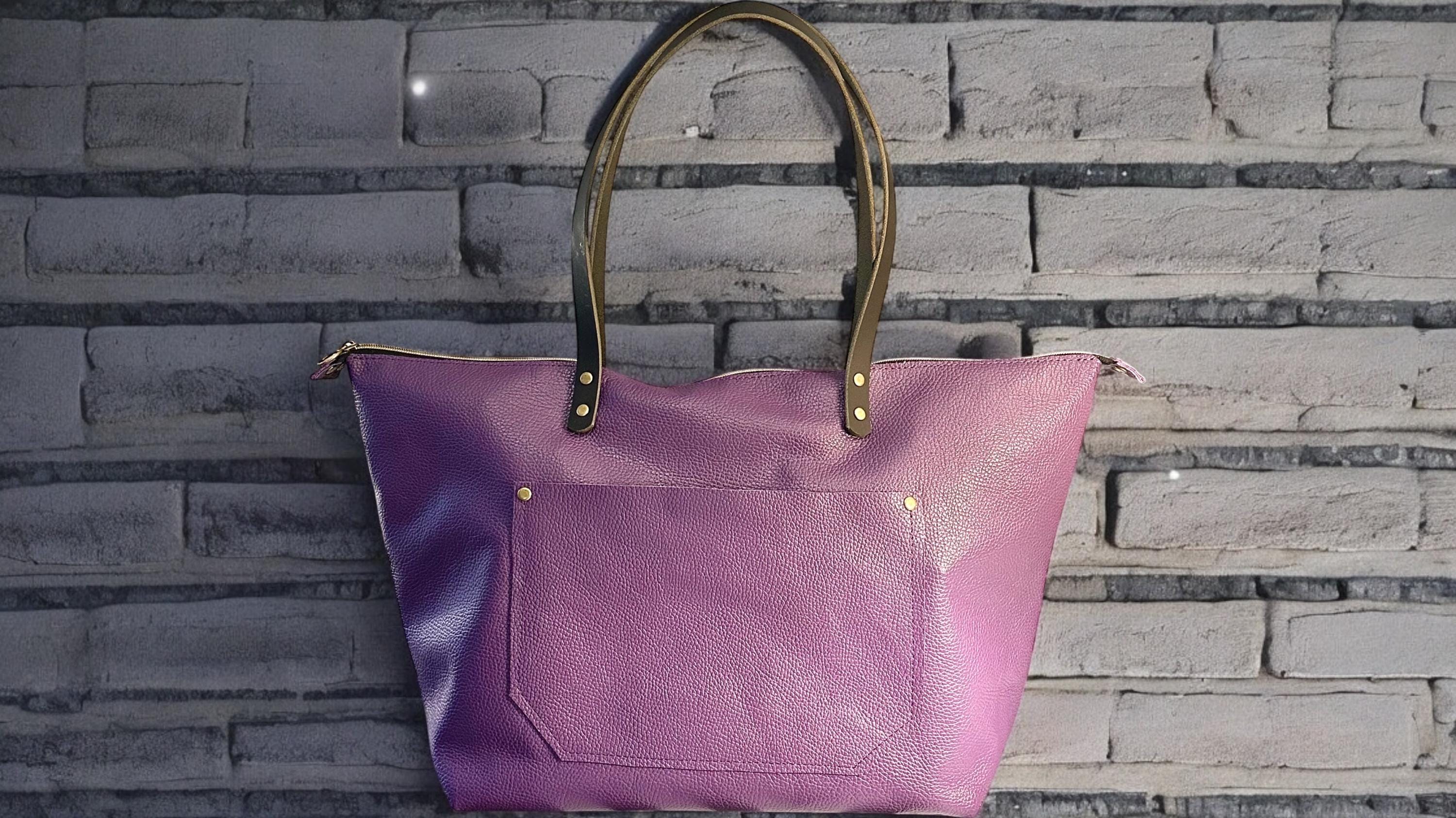 Full Grain Real Leather Authentic Zipper Pebbled Purple Leather Tote Bags-Small-Medium-Large-Extra Large