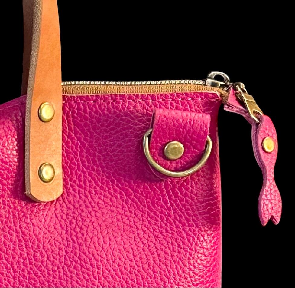 Handcrafted Full Grain Leather Zipper Super Stevie Crossbody Bag - Fuchsia Pink Pebbled Purse