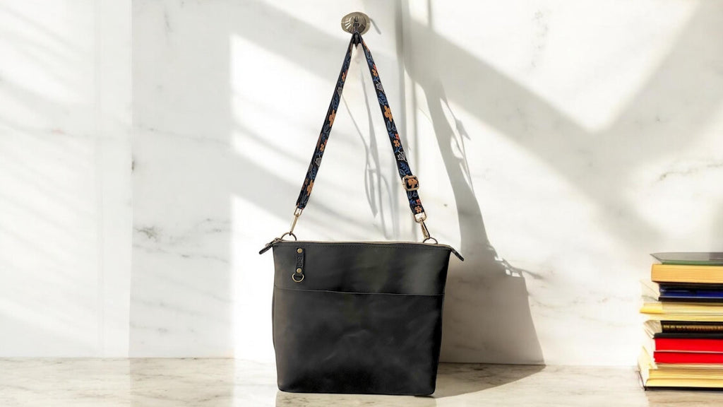 Full Grain Real Leather Zipper Boulder Black Super Stevie Crossbody or Shoulder Bag Purse