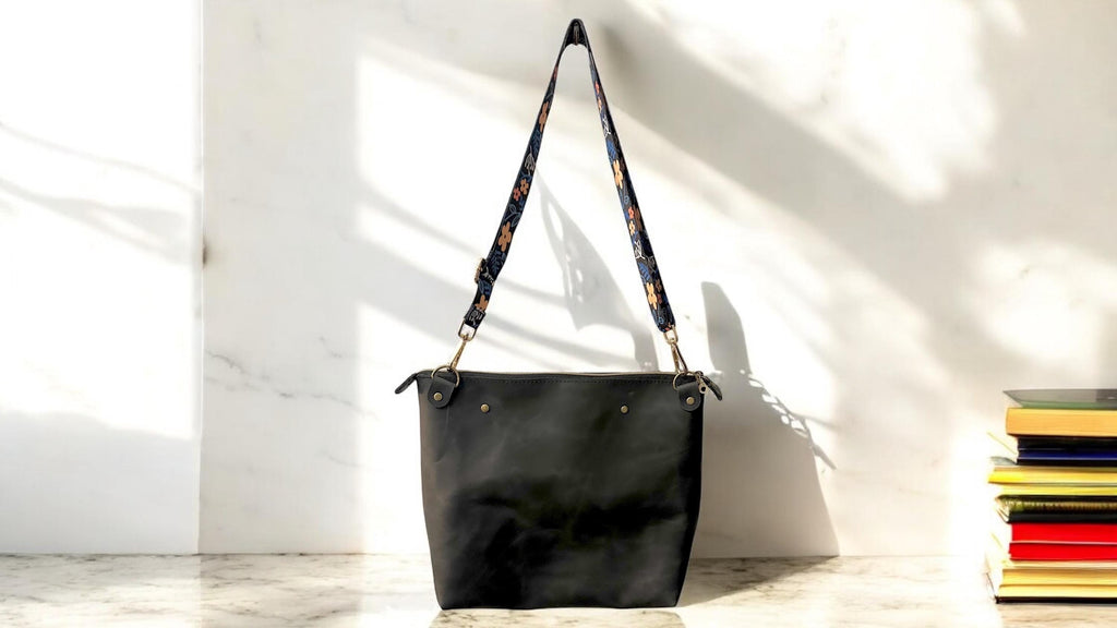 Full Grain Real Leather Zipper Boulder Black Super Stevie Crossbody or Shoulder Bag Purse