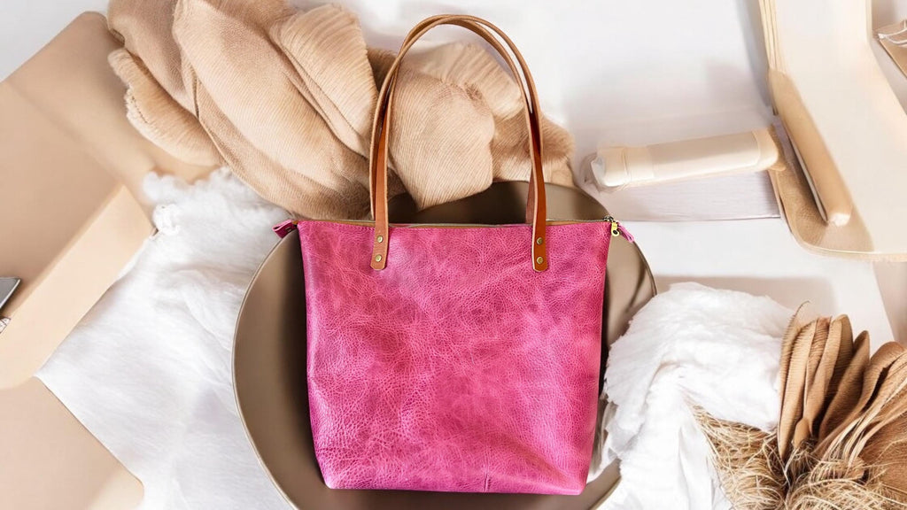 Full Grain Real Leather Zipper Pink Dog Leather Tote Bags-Small-Medium-Large-Extra Large