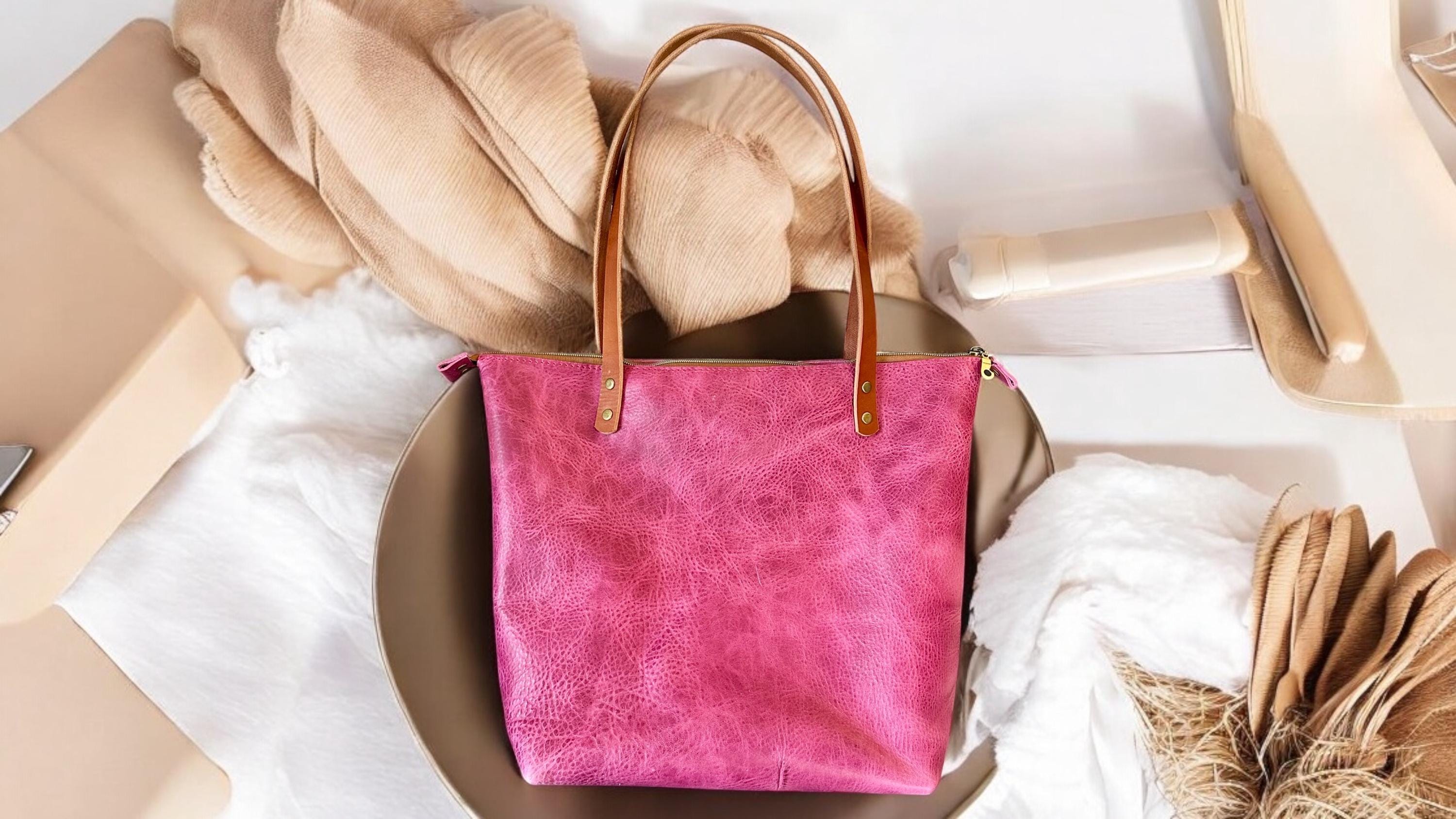 Full Grain Real Leather Zipper Pink Dog Leather Tote Bags-Small-Medium-Large-Extra Large