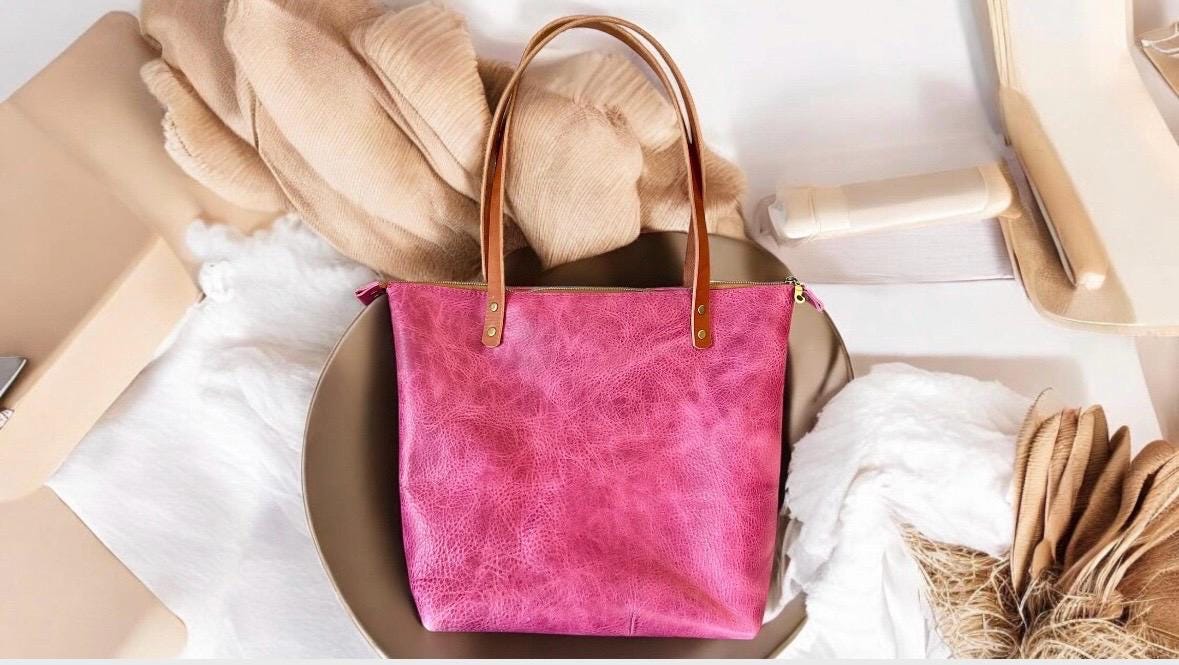 Full Grain Real Leather Pink Dog Leather Classic Tote Bags-Small-Medium-Large-Extra Large