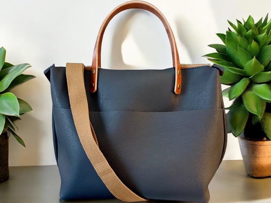 Full Grain Real Leather Zipper Pebbled Navy Super Stevie Crossbody or Shoulder Bag Purse