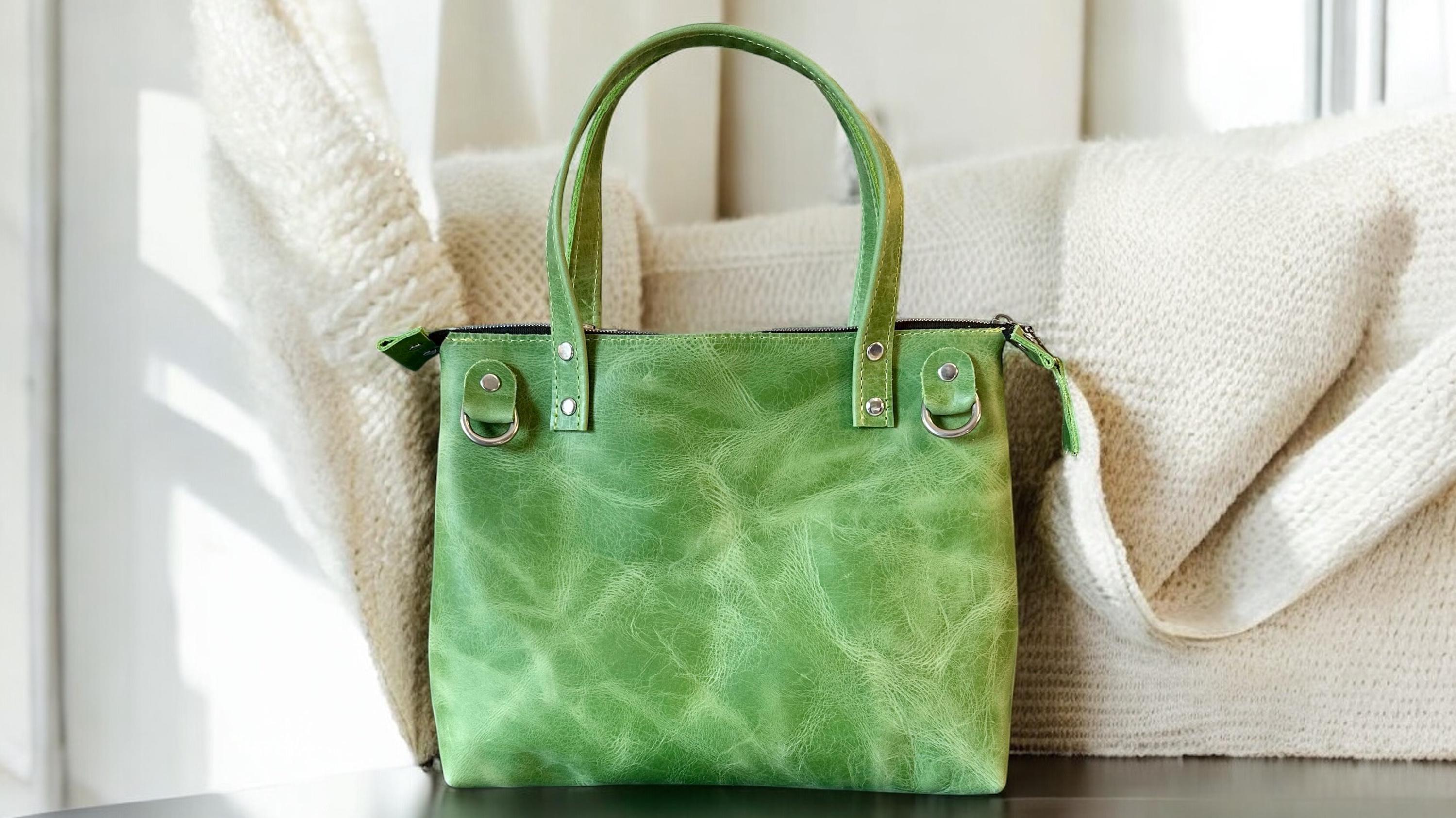 Full Grain Real Leather Zipper Granny Smith Super Stevie Crossbody or Shoulder Bag Purse