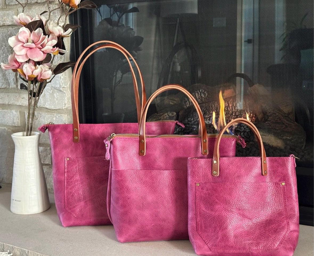 Full Grain Real Leather Pink Dog Leather Classic Tote Bags-Small-Medium-Large-Extra Large